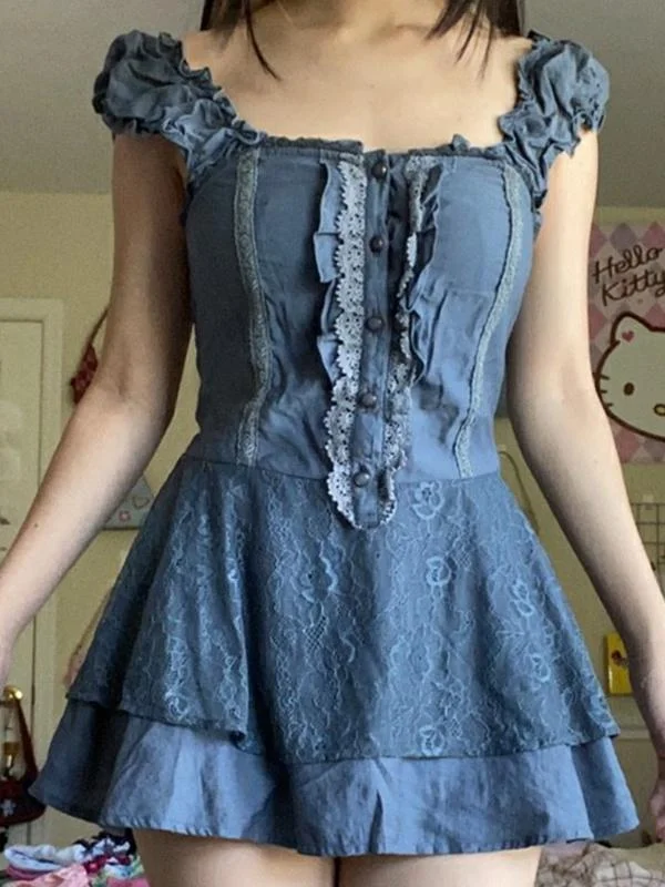 BerryBetty - Patchwork Lace Tiered Strap Mini Dress Gym