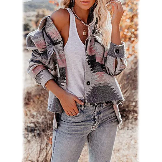 Women's Plaid Long Sleeve Button Down Collar Coat Streetwear Style for 