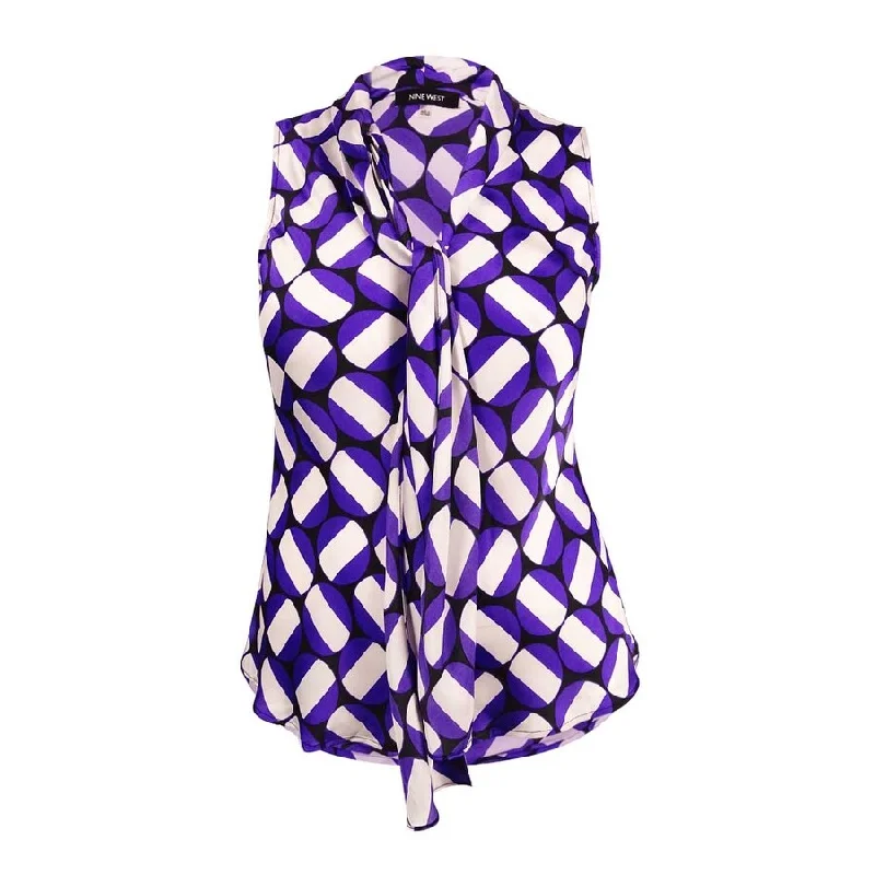 Nine West Women's Smooth Neck Tie Printed Top Street