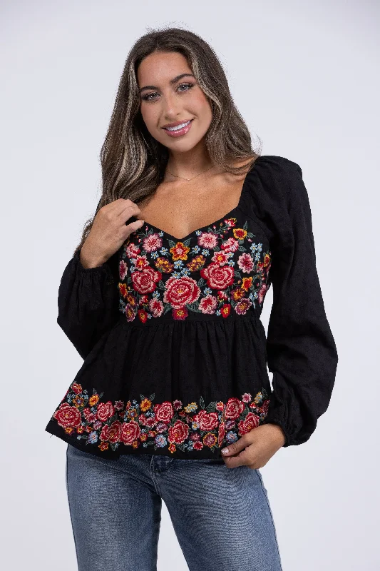 Moonlit Flowers Women's Embroidered Long Sleeve Top Traditional Women's 