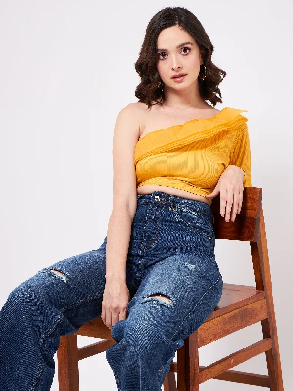 Solid One-Shoulder Crop Top With Organza Ruffles Classic Women's Tweed