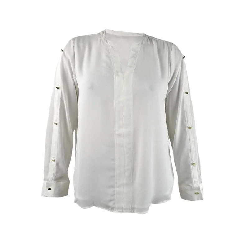DKNY Women's Buttoned-Sleeve Pleated-Placket Top Traditional Women's 