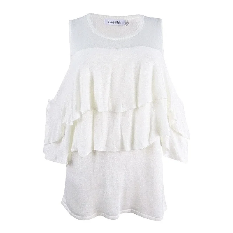 Calvin Klein Women's Flutter Sleeve Cold Shoulder Sweater Feminine Women's Style 