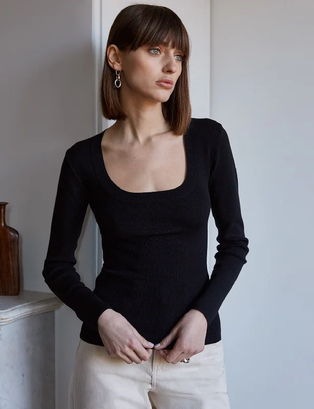 Black Scoop Neck Knit Top Cozy Women's Winter