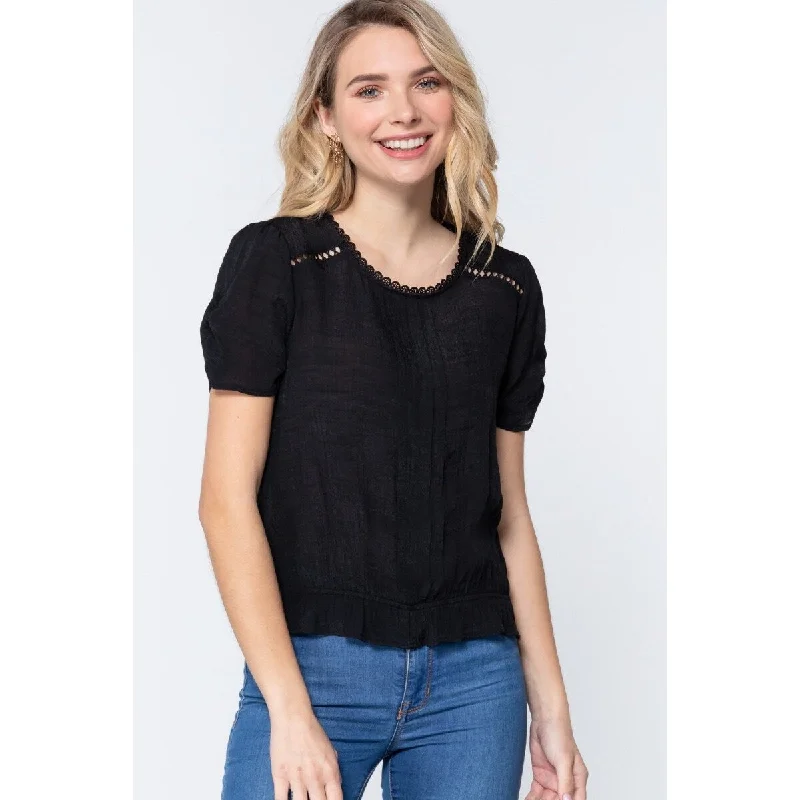 Black Rayon Pleated Woven Top with Short Shirring Sleeve Dapper Women's 1920S