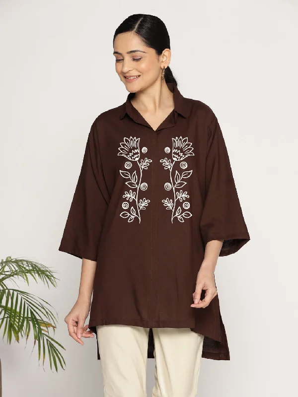 Coffee Rayon ShirtTop - Tendresse Luxurious Women's High -  end