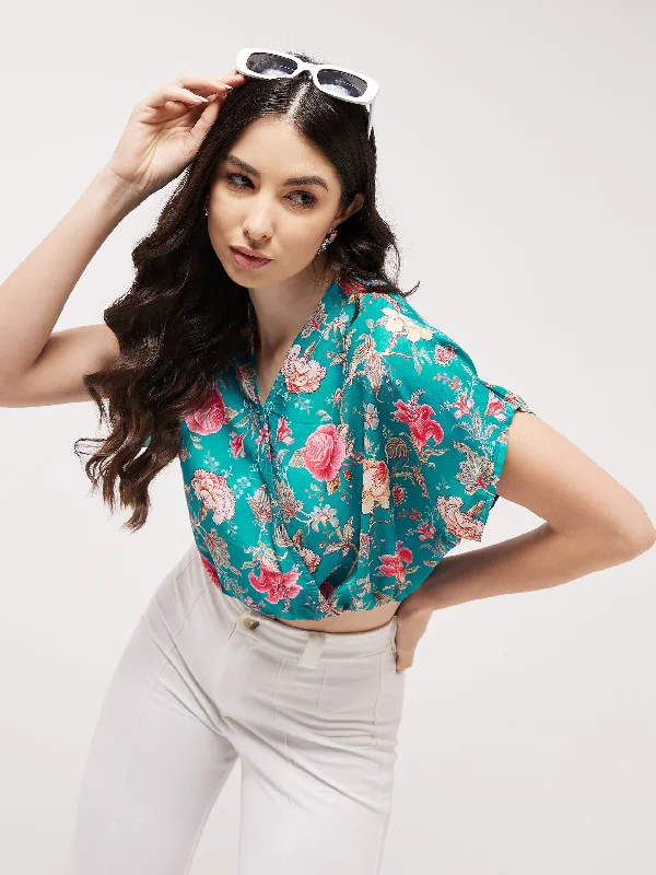 Digital Printed Overlap Crop Top Dapper Women's Bow - adorned