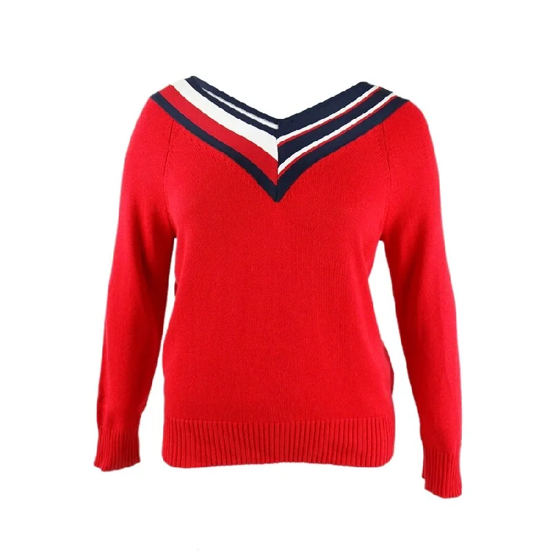 Tommy Hilfiger Women's Striped V-Neck Sweater Laid - back Women's Style