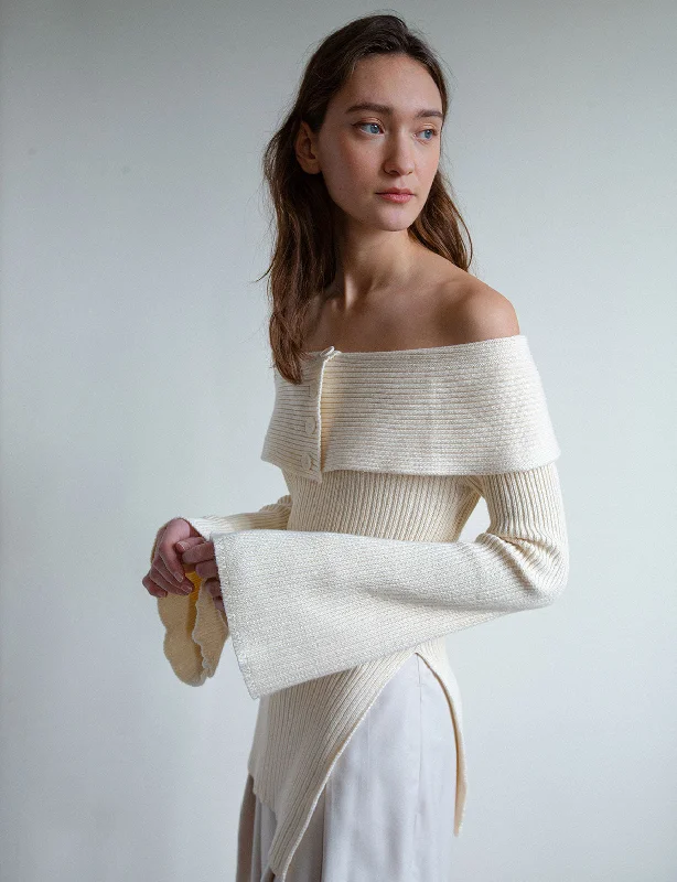 Paula Off-The-Shoulder Button Sweater Hip Women's Retro