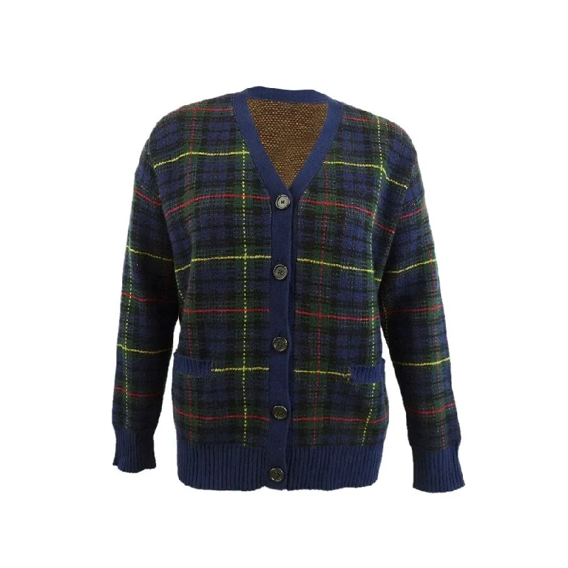Lauren Ralph Lauren Women's Plaid Wool Cardigan (XL, Navy Multi) Practical Women's Multi - 