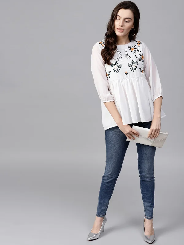 White Floral Embroidered Sheer Top Preppy Women's College