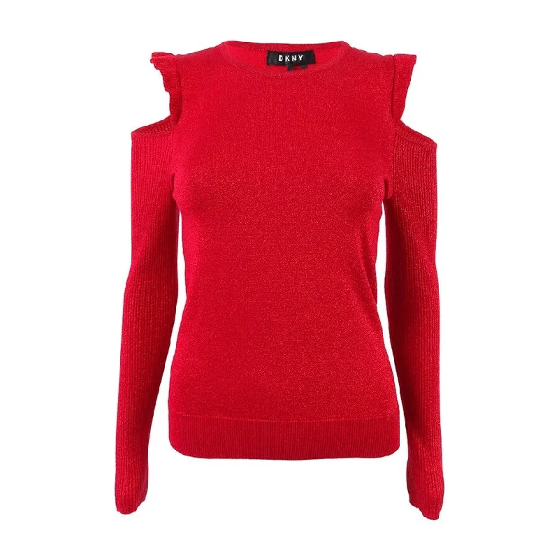 DKNY Women's Ruffled Cold Shoulder Sweater Trendy Women's Oversized
