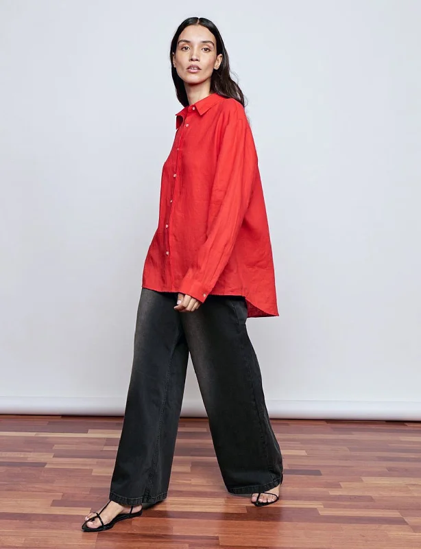 Red Linen Oversized Shirt Sleek Women's Metallic