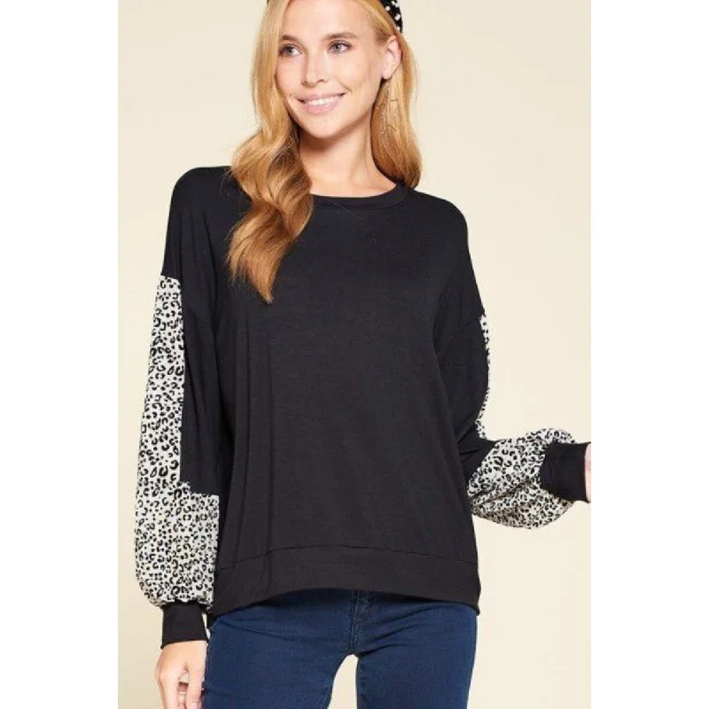 Black Solid Jersey Casual Top with Balloon Sleeves Relaxed Women's Beachy