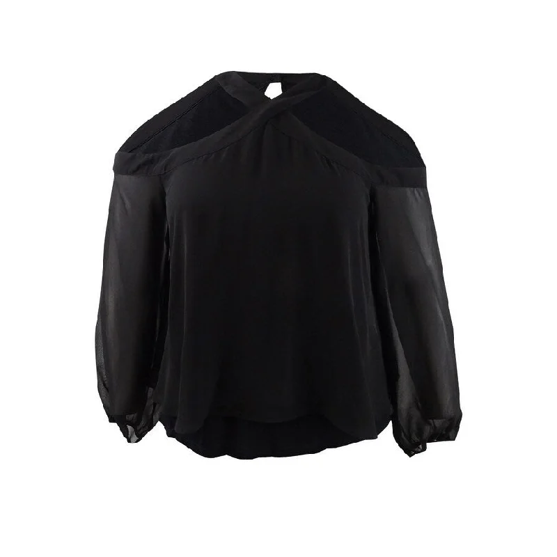Bar III Women's Cold-Shoulder Chiffon Overlay Mixed-Media Top Modern Women's 