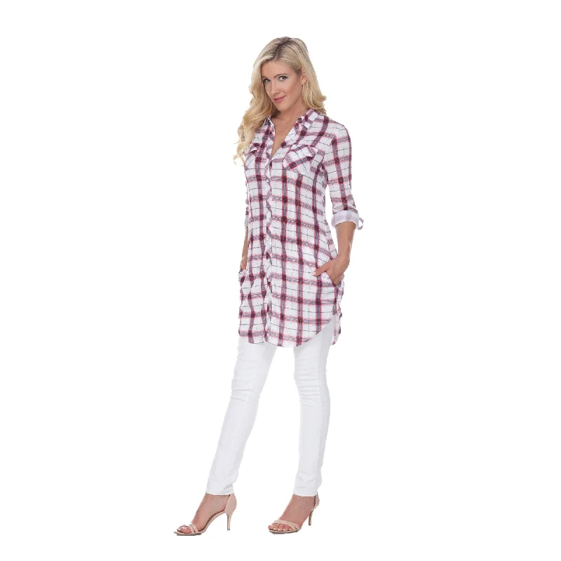 White Mark Womens Plaid Flannel Tunic Top Stretchy Soft Long Sleeve Sizes S3X Modern Women's 