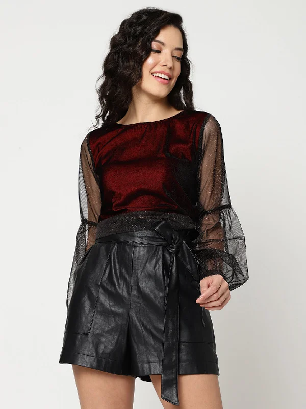 Sheer Shimmer Top With Tie-up Waistline Luxurious Women's High -  end