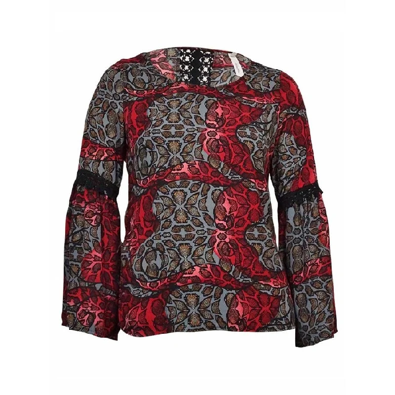 NY Collection Women's Printed Illusion Crochet-Trim Crepe Top Elegant Women's Formal 