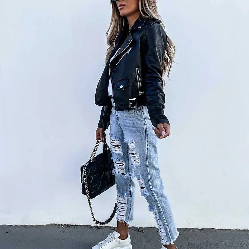 Women's Faux Modern Street Style Leather Jacket Polished Women's Silk