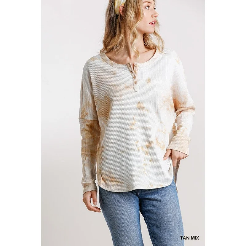 Tie Dye Round Neck Ribbed Button Front Top With Round Hem Practical Women's Quick - dry