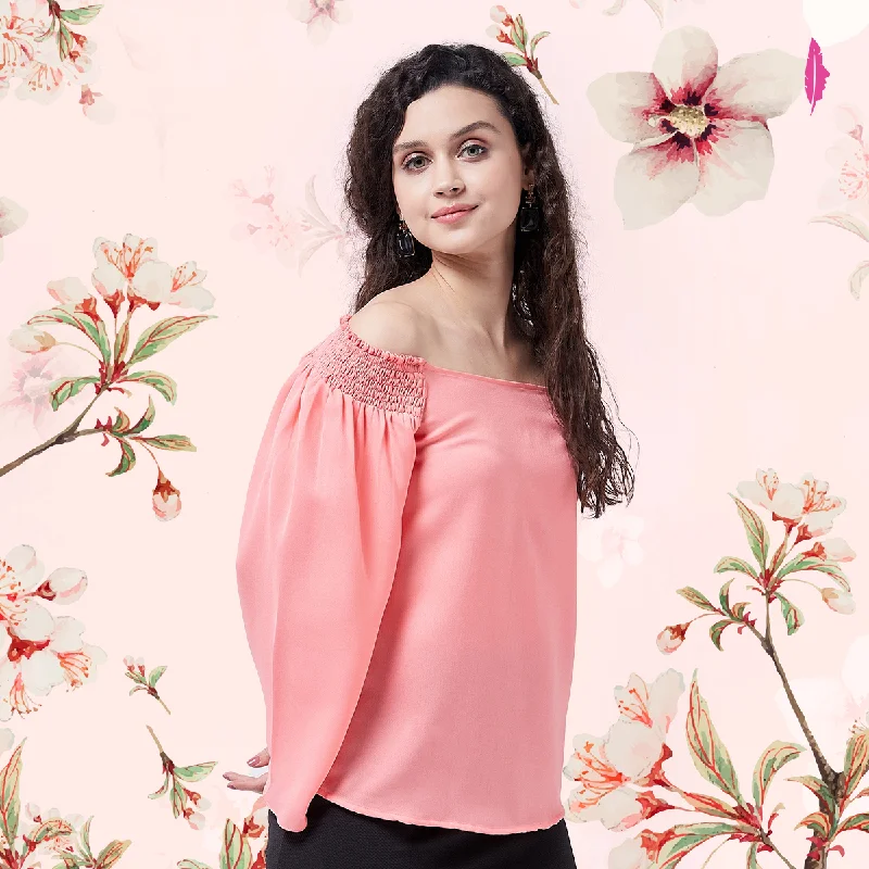 Coral Solid Off-Shoulder Top Classic Women's Tweed