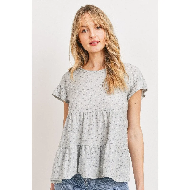 Sage Multi Dot Textured Print Jersey Ruffled Short Sleeve Top With Crew Neckline Earthy Women's Hemp - based Sage Multi Dot Textured Print Jersey Ruffled Short Sleeve Top With Crew Neckline Earthy Women's Hemp - based
