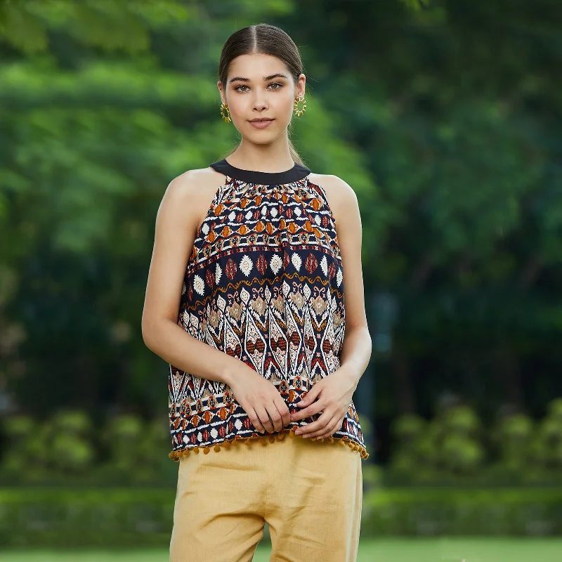 Mustard Ikat Tassel Top Elegant Women's Formal 