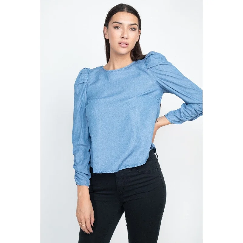 Medium-Wash Lyocell Shirring Puff Sleeves Denim Top Modern Women's 