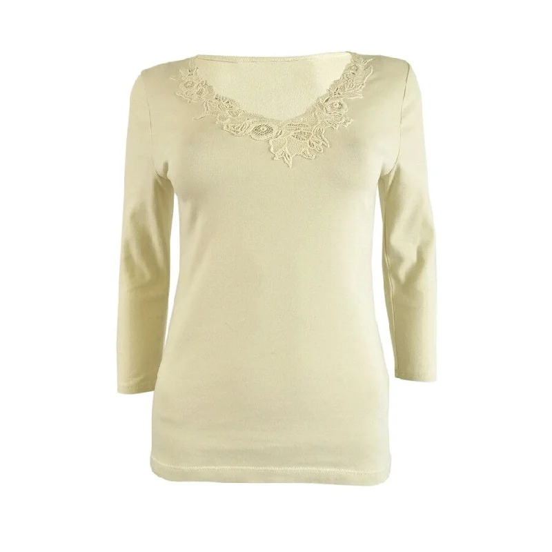 Lauren Ralph Lauren Women's Lace-Trim Stretch Cotton Top (S, Winter Cream) Elegant Women's Formal Lauren Ralph Lauren Women's Lace-Trim Stretch Cotton Top (S, Winter Cream) Elegant Women's Formal