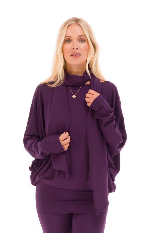 BAMBOO RAGLAN TOP WITH SCARF DEEP PURPLE Trendy Women's 