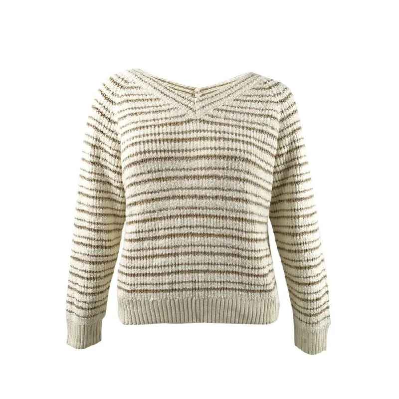 Calvin Klein Jeans Women's Striped V-Neck Sweater Cashmere