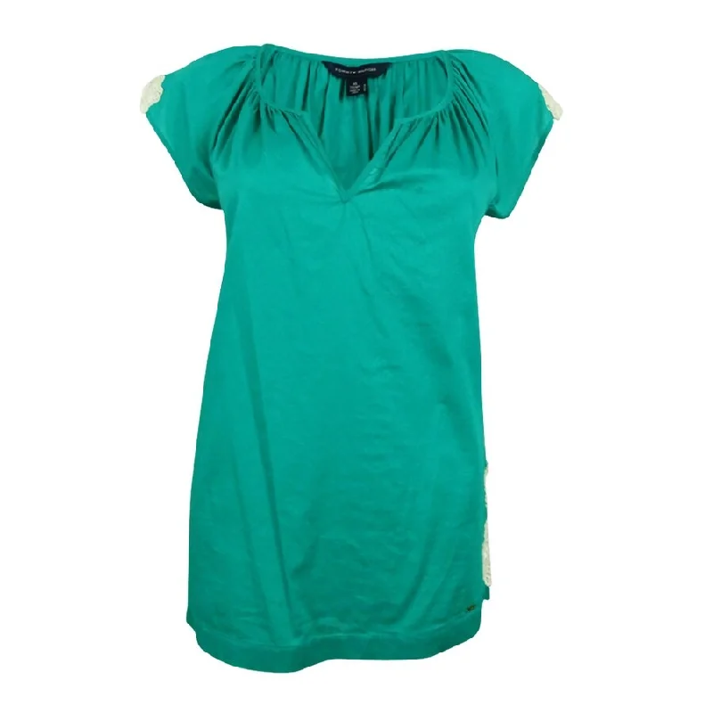 Tommy Hilfiger Women's Short-Sleeve Crochet-Trim Top Trendy Women's Oversized