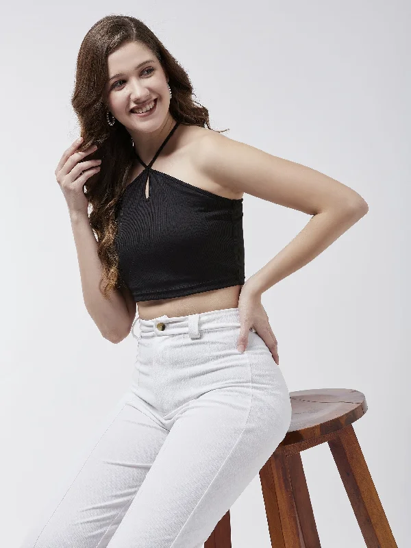 Solid Halter Neck Rib Crop Top garde