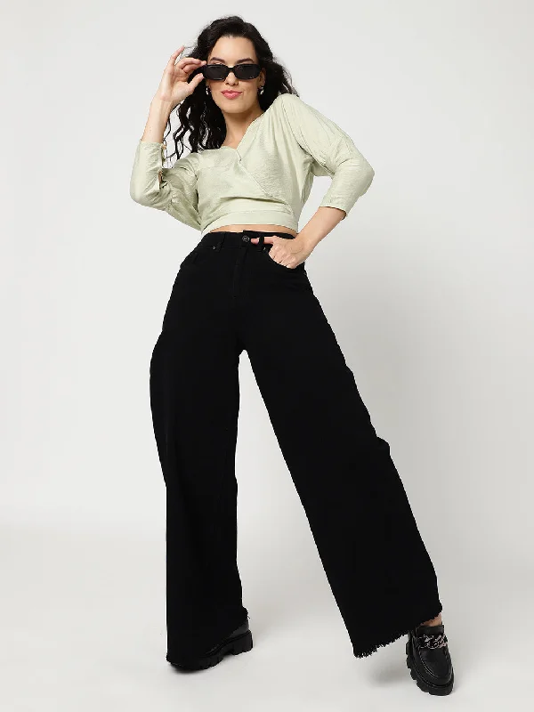 Solid Pattern Kimono Sleeves Overlap top Sophisticated Women's 