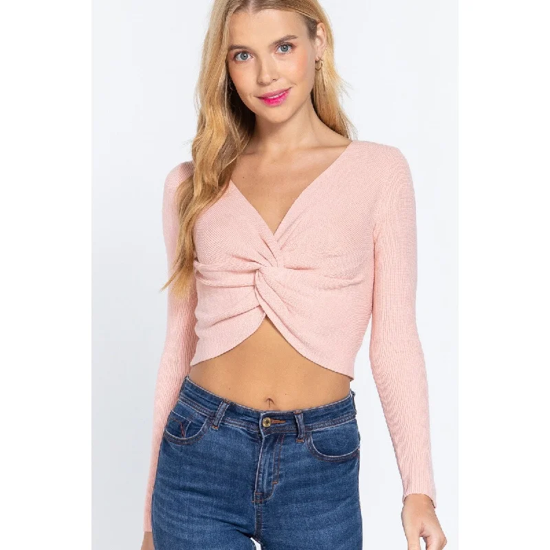 V-Neck Acrylic Front Knotted Crop Sweater Sporty Women's Tennis