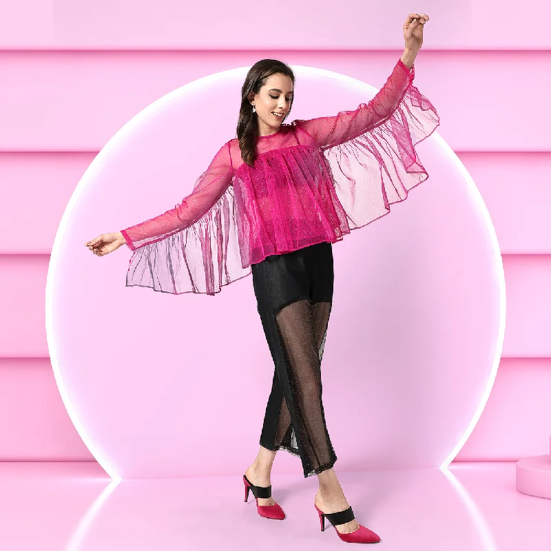 Solid Shimmer Loose Fit Pleated Styling Top Women