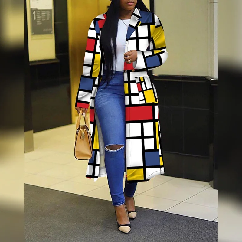 Women's Colored Geo Turn Down Collar Trench Coat Compression