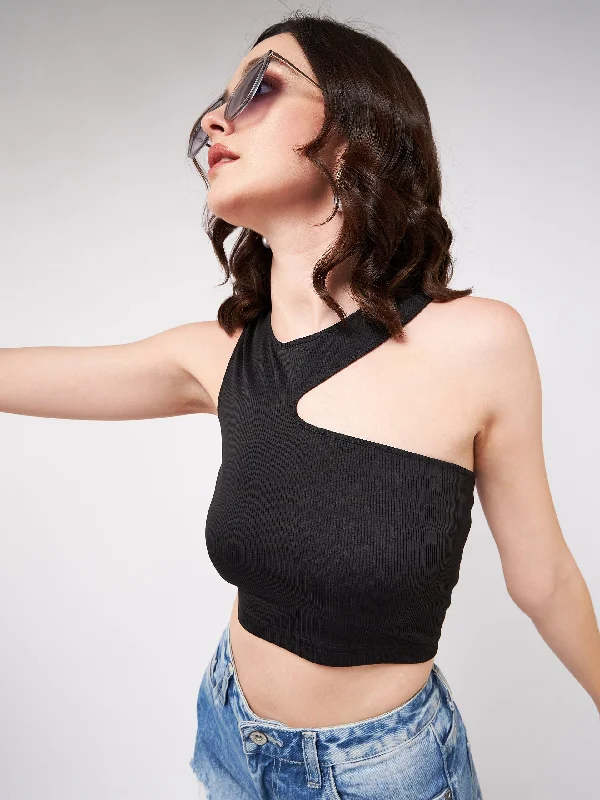 Solid Asymmetric Cut-Out Rib Crop Top Cashmere