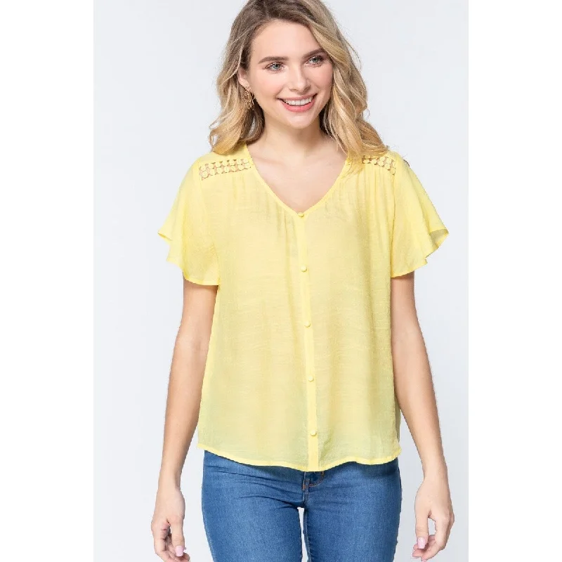 Lemon Rayon Woven Top with Short Ruffle Sleeve V-Neck Confident Women's High - fashion