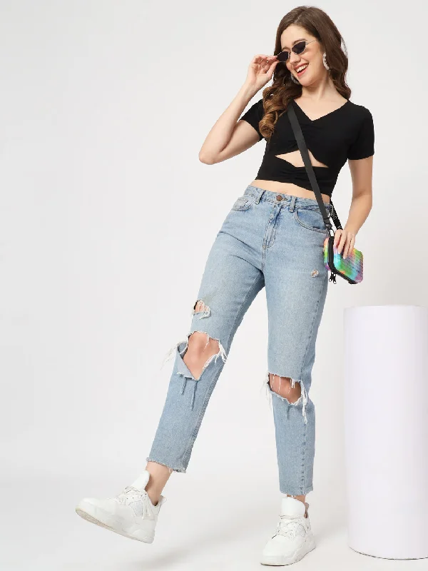 Solid Waist Cut-Out Basic Rib Crop Top Sleek Women's 