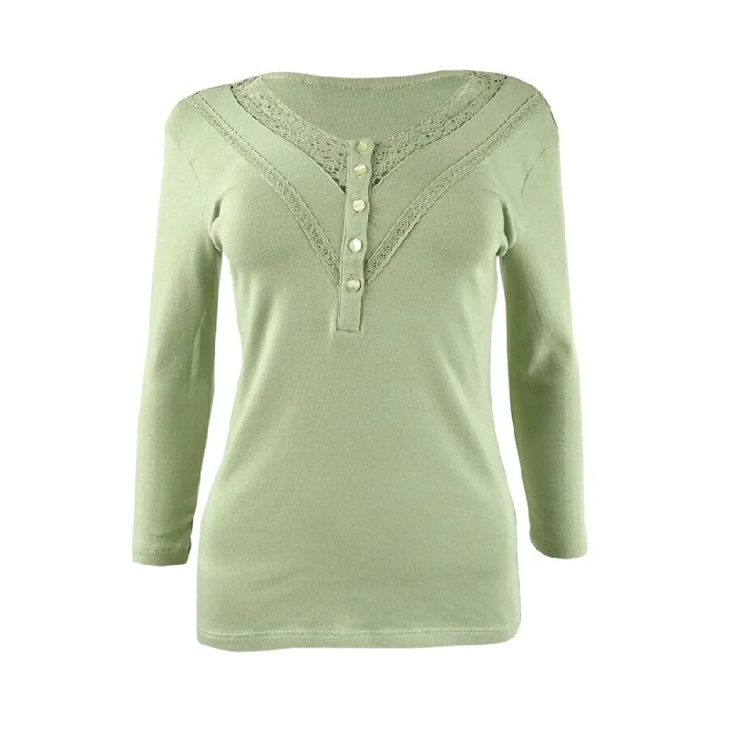 Lauren Ralph Lauren Women's Lace-Trim Henley Top (L, Ranch Sage) Artistic Women's Avant - 