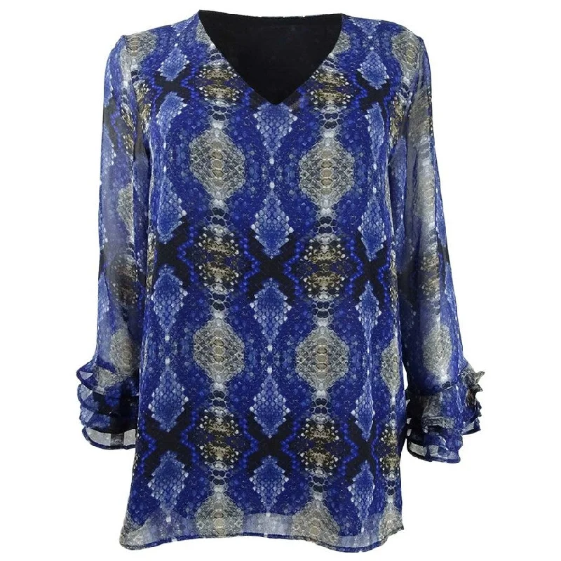 Calvin Klein Women's Printed Ruffle-Sleeve Blouse Minimalist Women's Casual