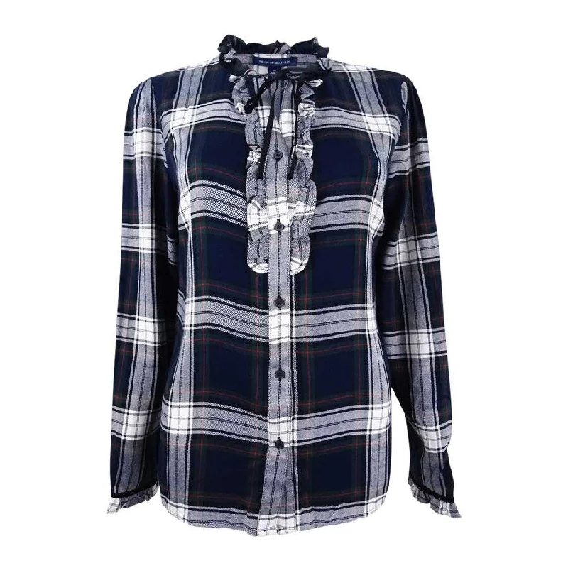 Tommy Hilfiger Women's Ruffled Plaid Blouse Sophisticated Women's Tailored