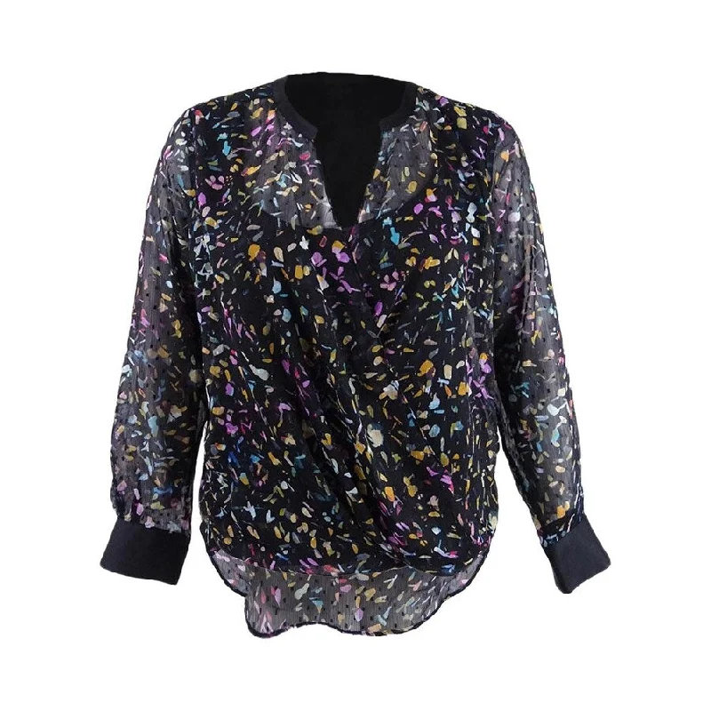 DKNY Women's Crossover Printed Mesh Blouse Monochromatic Office Style