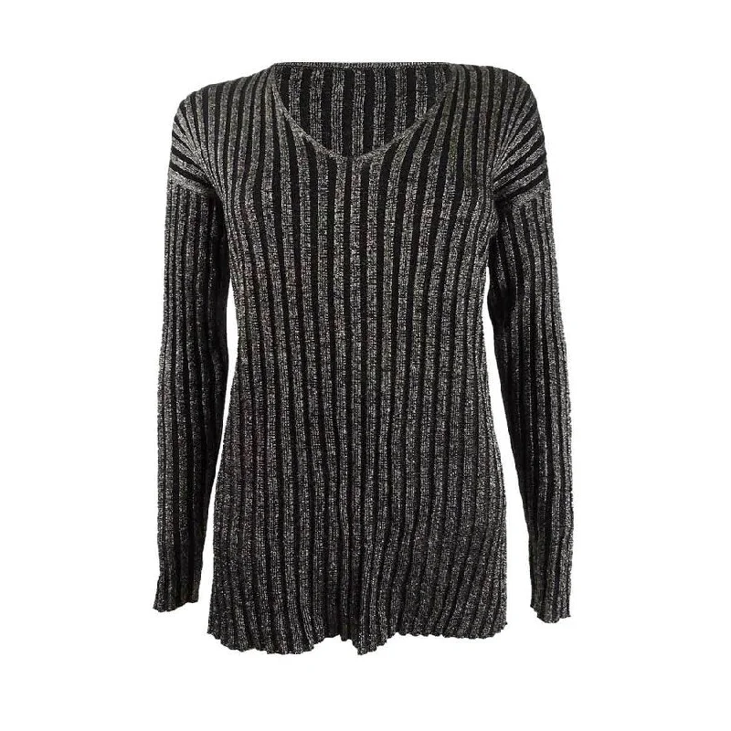 Vince Camuto Women's Ribbed Metallic V-Neck Sweater Streetwear Style for 