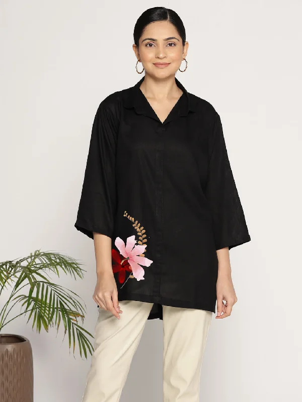 Black Rayon ShirtTop - Fleurant Relaxed Women's Beachy