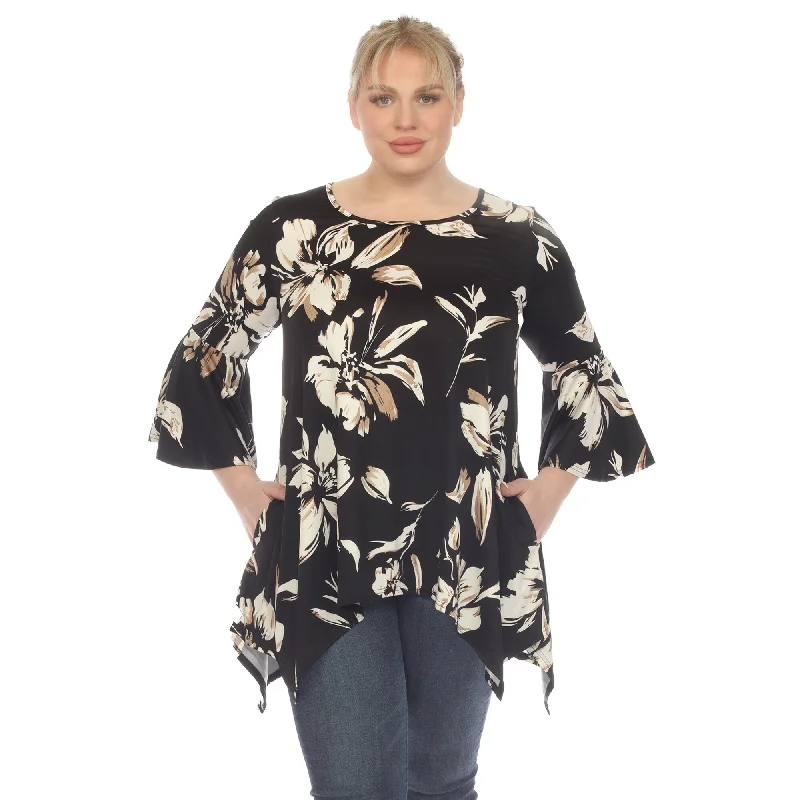 White Mark Womens Floral Print Quarter Sleeve Tunic Top With Pockets Athletic Women's High - 