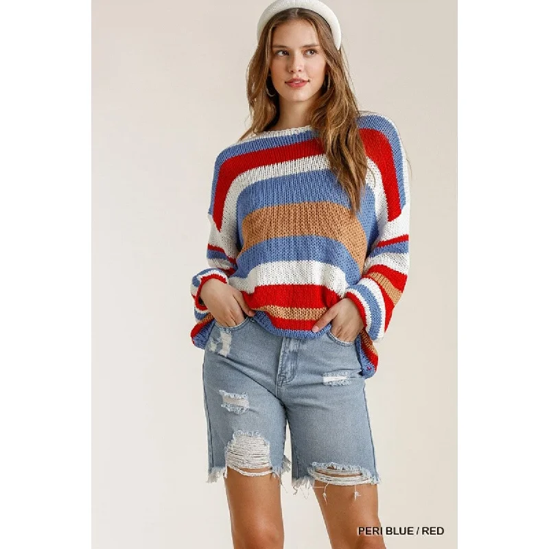 Multi-Colored Stripe Acrylic Knit Sweater with Round Neck Classic Women's Pin - striped