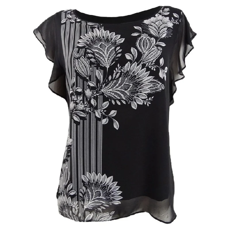 Vince Camuto Women's Printed Flutter-Sleeve Top Casual Women's Loose - fitting
