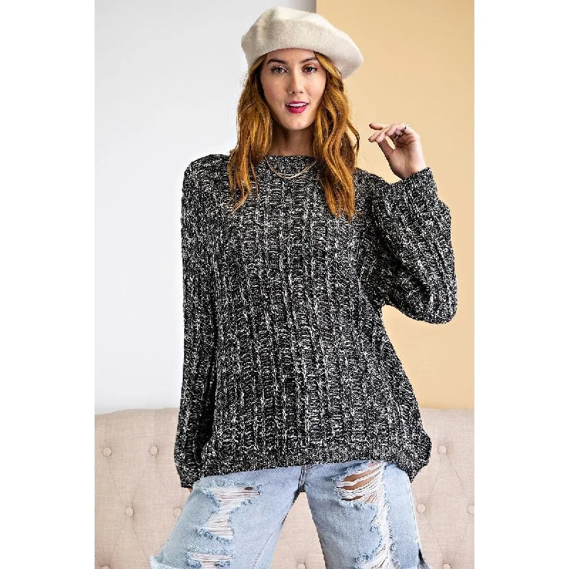 Black Textured Knitted Sweater with Ribbed Neckline Cool Women's Skate